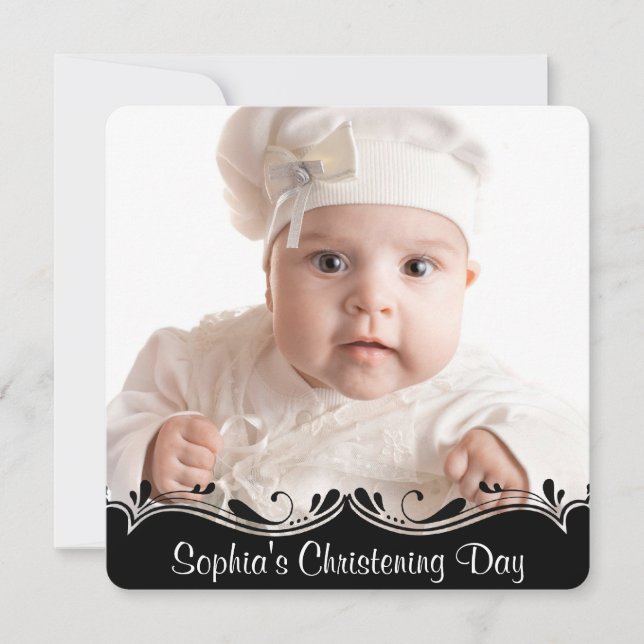 Black White Baby Photo Christening Invitation (Front)
