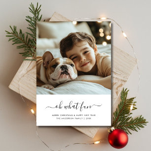 Black & White Baby Photo Oh What Fun Christmas Holiday Card