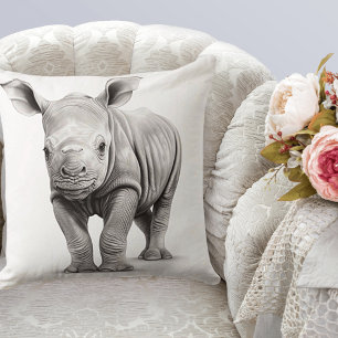 Black & White Baby Rhinoceros Square Throw Pillow