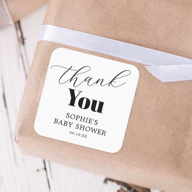Black White Baby Shower Thank You Square Sticker (Creator Uploaded)