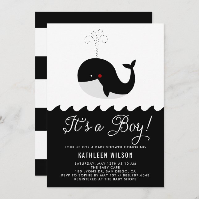 Black & White Baby Whale It's a Boy Baby Shower Invitation (Front/Back)