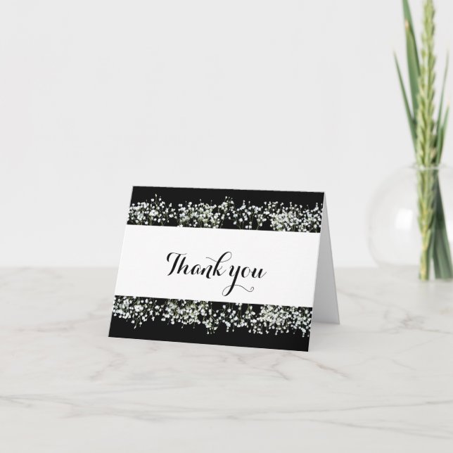 Black & White Babys Breath Wedding Thank You Card (Front)
