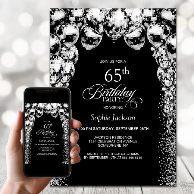 Black White Balloons 65th Birthday Party Invitation (Creator Uploaded)