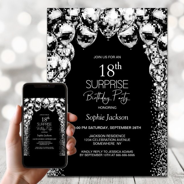 Black White Balloons Surprise 18th Birthday Party Invitation (Creator Uploaded)
