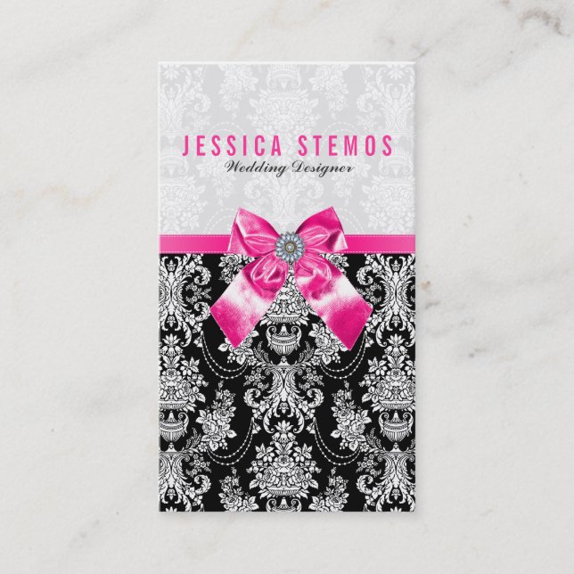 Black & White Baroque Damasks With Pink Bow Business Card (Front)
