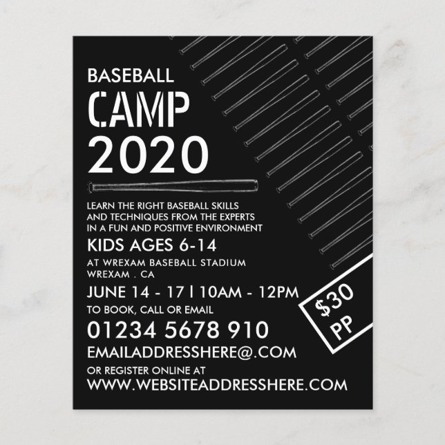 Black & White Baseball Bat, Baseball Camp Advert Flyer (Front)