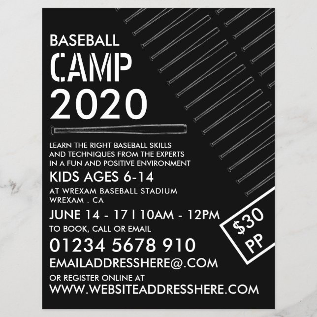 Black & White Baseball Bat, Baseball Camp Advert Flyer (Front)
