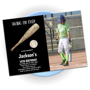 Black White Baseball Birthday With Photo Invitation