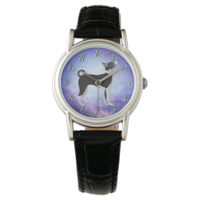 Black & White Basenji Dog & Blue Universe  Watch (Front)