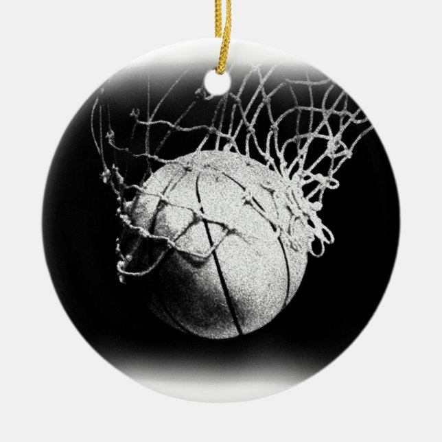 Black & White Basketball Art Ceramic Tree Decoration (Front)