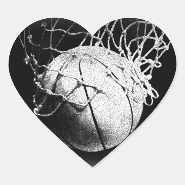Black & White Basketball Art Heart Sticker (Front)