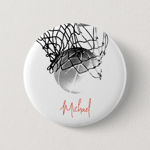 Black & White Basketball Ball & Net Your Name 6 Cm Round Badge