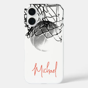 Black & White Basketball Ball & Net Your Name iPhone 16 Case