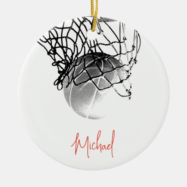 Black & White Basketball Ball & Net Your Name Ceramic Ornament (Front)
