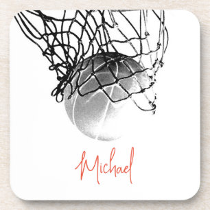 Black & White Basketball Ball & Net Your Name Coaster