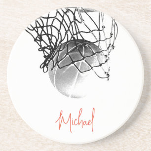 Black & White Basketball Ball & Net Your Name Coaster
