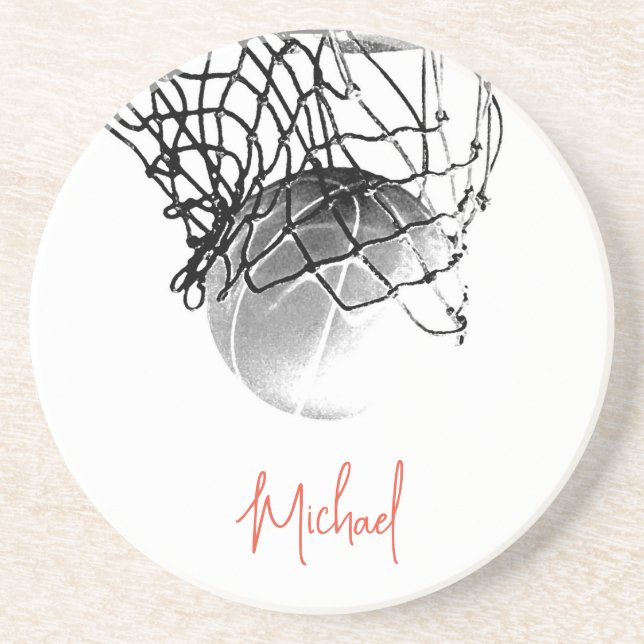 Black & White Basketball Ball & Net Your Name Coaster (Front)