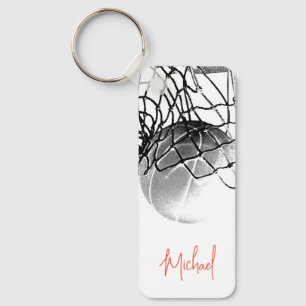 Black & White Basketball Ball & Net Your Name Key Ring