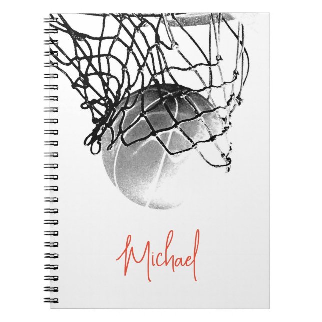 Black & White Basketball Ball & Net Your Name Notebook (Front)