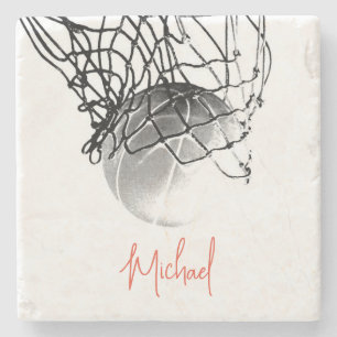 Black & White Basketball Ball & Net Your Name Stone Coaster