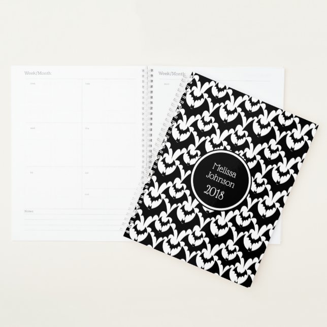 Black & White Bats Horror Pattern Name Personalise Planner (Display)