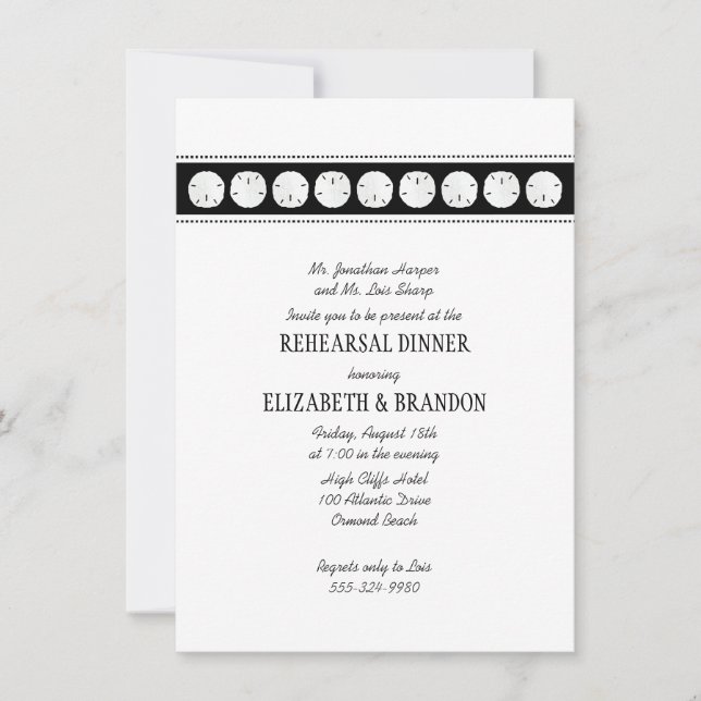 Black White Beach Sand Dollar Rehearsal Dinner Invitation (Front)
