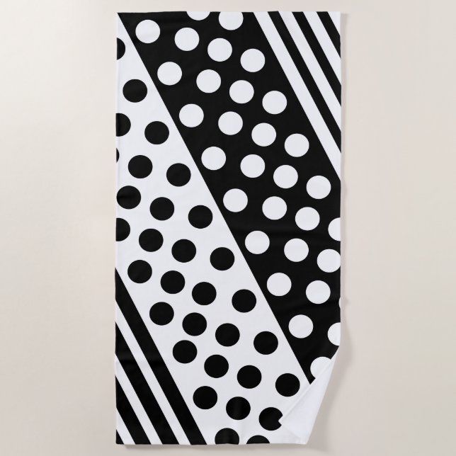 Black White Beach Towel with Dots Stripes (Front)
