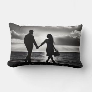 Black & White Beach Walk Silhouette: Timeless Love Lumbar Cushion