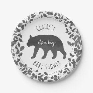 Black + White Bear Cub Foliage Baby Shower Paper Plate