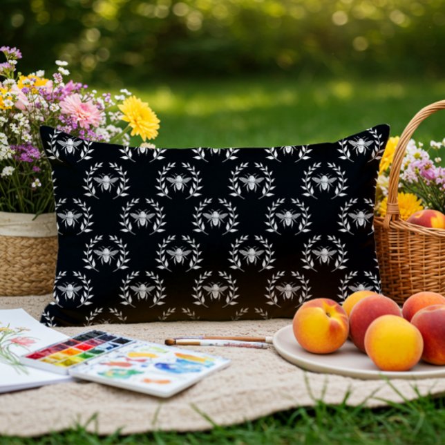 Black & White Bees Laurel Wreaths Pattern Outdoor Lumbar Cushion (Creator Uploaded)