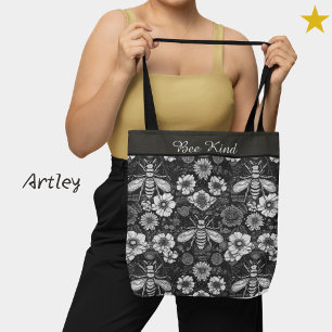 Black White Bees Vintage Floral Custom Phrase Tote Bag