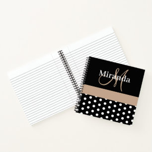Black White Beige Monogram Script Polka Dots Notebook