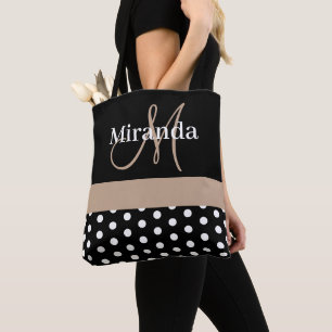 Black White Beige Monogram Script Polka Dots Tote Bag
