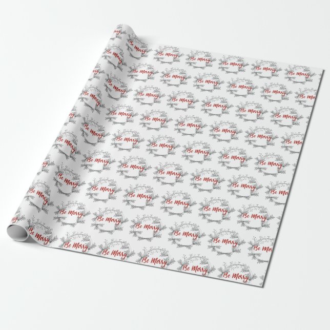 Black & White Berry Wreath | Red Lettering Pattern Wrapping Paper (Unrolled)