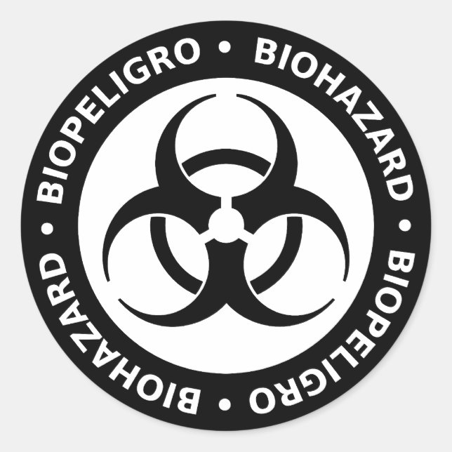 Black & White Bilingual Biohazard Warning Classic Round Sticker (Front)