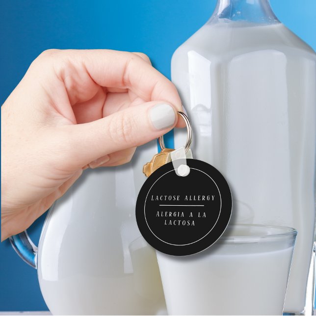 Black & White Bilingual Lactose Allergy Key Ring (Black & White Bilingual Lactose Allergy keychain, Spanish customizable text & personalized name )