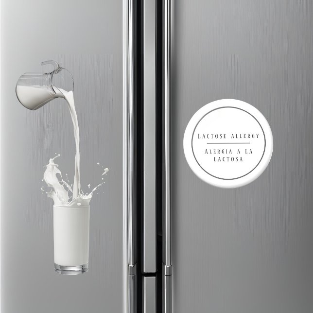 Black & White Bilingual Lactose Allergy Spanish  Magnet (Bilingual lactose allergy warning magnet, Spanish custom text & name Multilingual project)