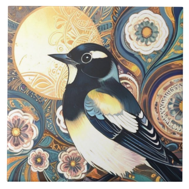 Black & White Bird Art Deco Nouveau Flower Floral Ceramic Tile (Front)
