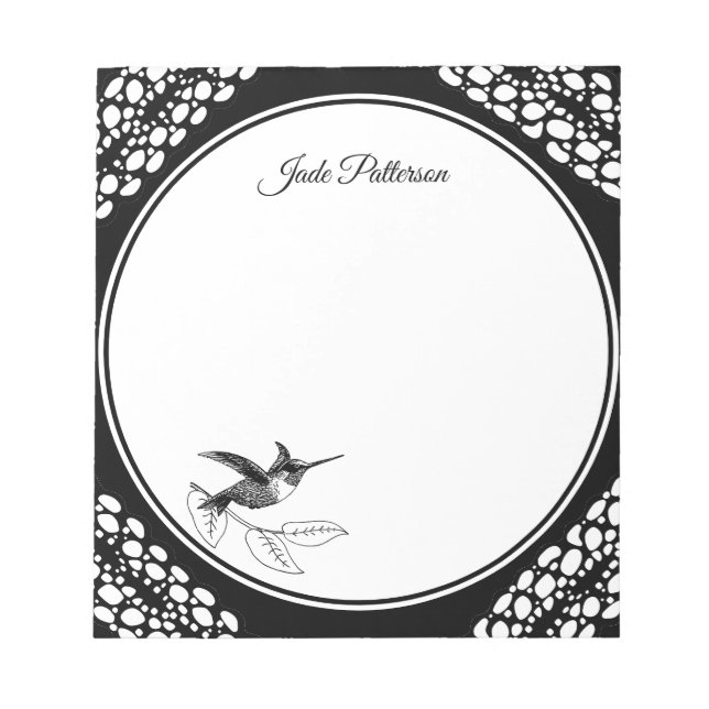 Black & White Bird Circle Frame Name Template  Notepad (Front)