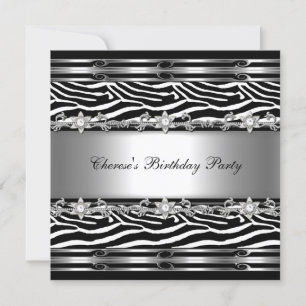 Black White Birthday Party Zebra Animal Jewel Invitation