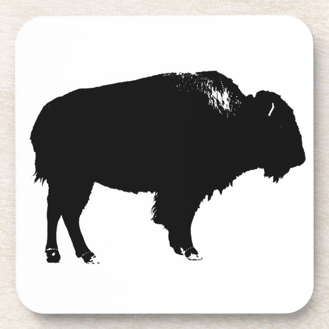 Black & White Bison Buffalo Silhouette Pop Art Coaster (Front)