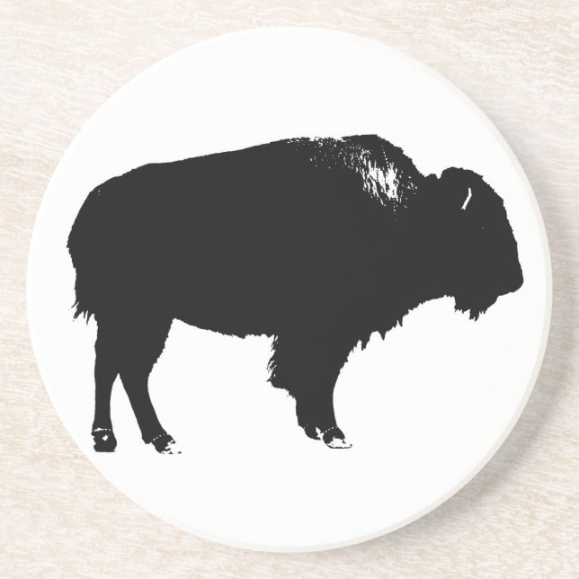 Black & White Bison Buffalo Silhouette Pop Art Coaster (Front)