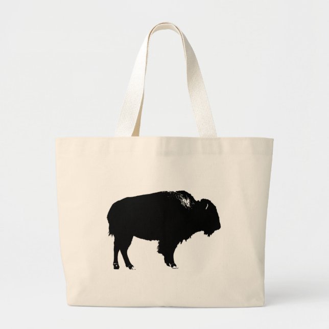 Black & White Bison Buffalo Silhouette Pop Art Large Tote Bag (Front)