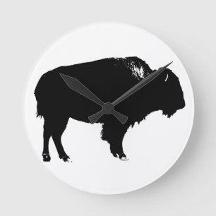Black & White Bison Buffalo Silhouette Pop Art Round Clock