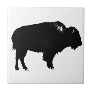 Black & White Bison Buffalo Silhouette Pop Art Tile