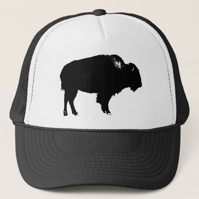 Black & White Bison Buffalo Silhouette Pop Art Trucker Hat (Front)
