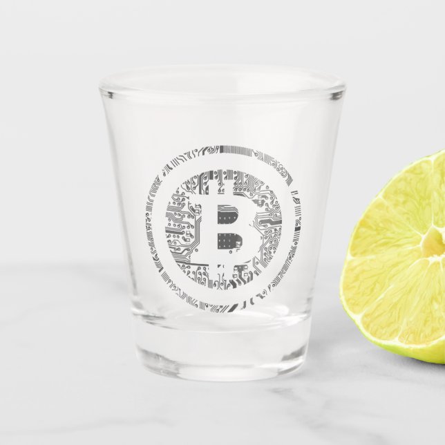 Black/White Bitcoin Circuitry Shot Glass (Front)