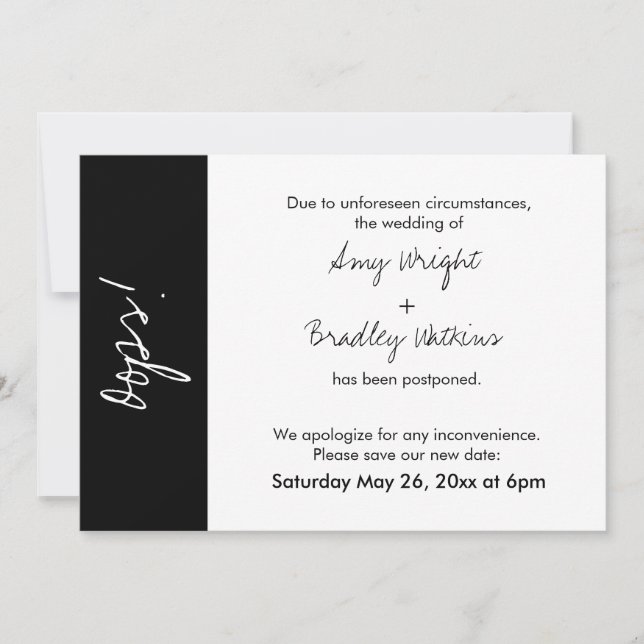 Black White Block Oops! Postponed Wedding Card (Front)
