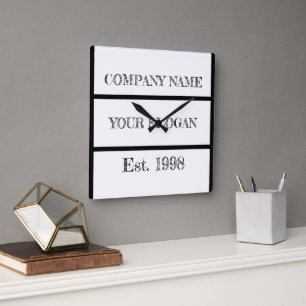 Black & White Block Style Company Name Square Wall Clock