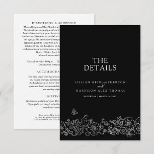 Black white blossom butterflies wedding details QR Enclosure Card